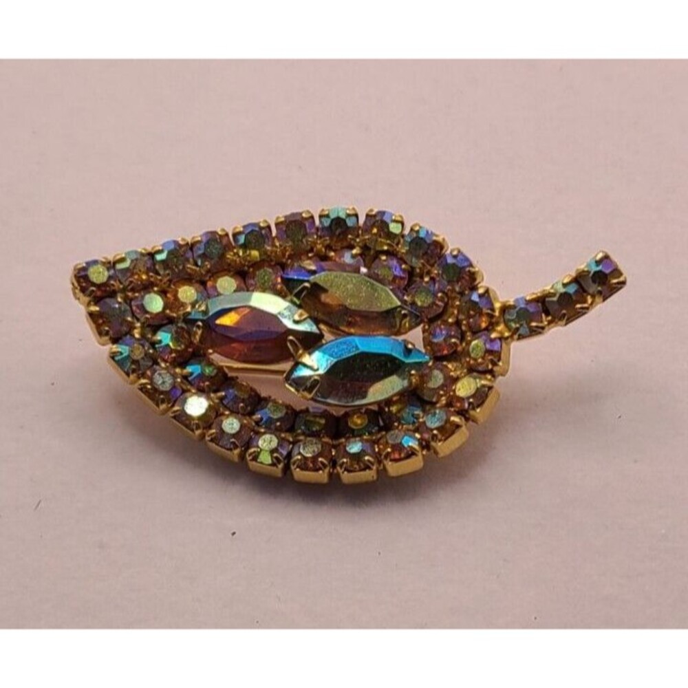 Vintage Rhinestone Gold Tone Leaf Brooch 2 Inch Wide